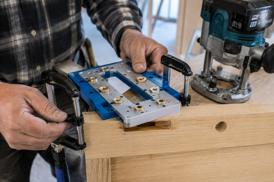 Carpenter clamping a mortice lock jig template to a door edge before routing