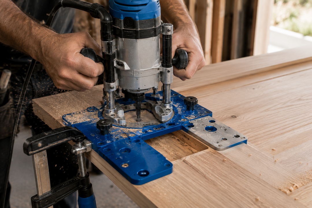 Carpenter routing a door hinge mortise with a carbide-tipped router bit and Fast Hinge template jig"