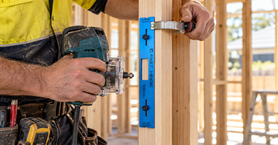 Carpenter clamping a Fast Hinge hinge template onto a timber door jamb while holding a router on an Australian job site.