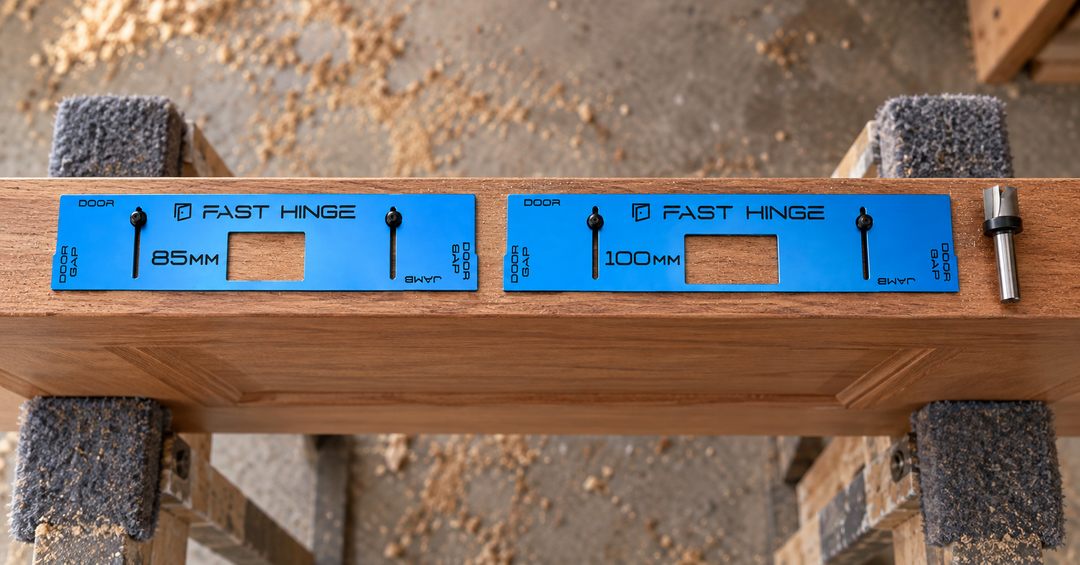 Fast Hinge 85 mm and 100 mm hinge templates positioned side by side on a timber door edge with a bearing-guided router bit.