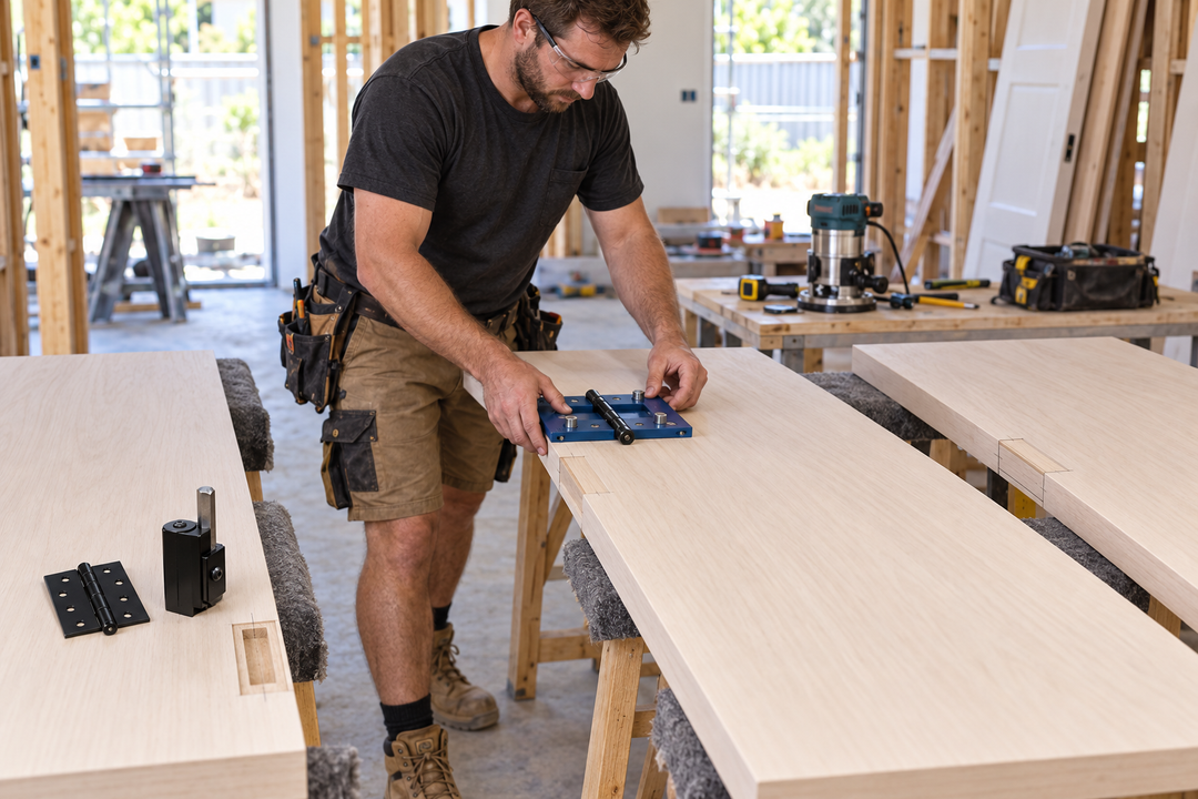 Tradie moving a Fast Hinge jig between multiple timber doors laid flat for efficient batch hinge preparation.