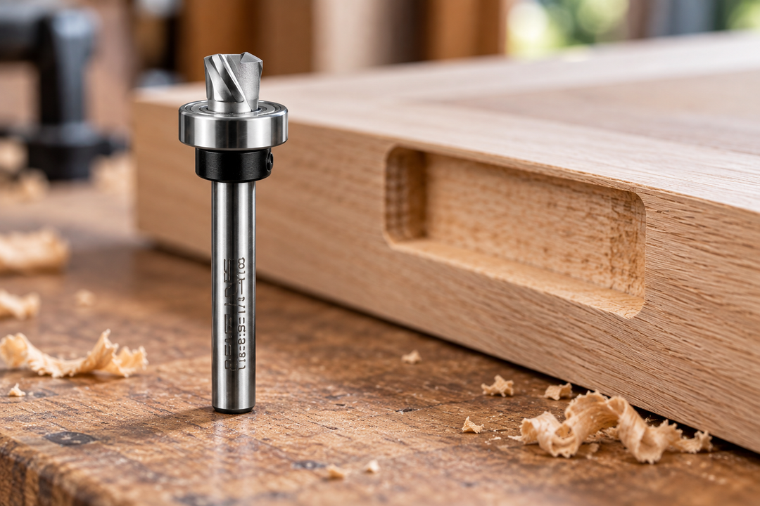 Macro view of a Fast Hinge carbide router bit with its offset bearing in focus and a freshly cut hinge recess behind it.