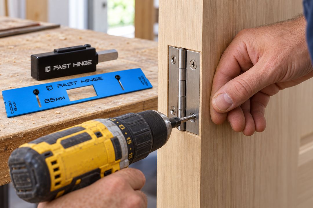 Carpenter securing a hinge into a freshly routed door recess, with a Fast Hinge template and corner chisel nearby.