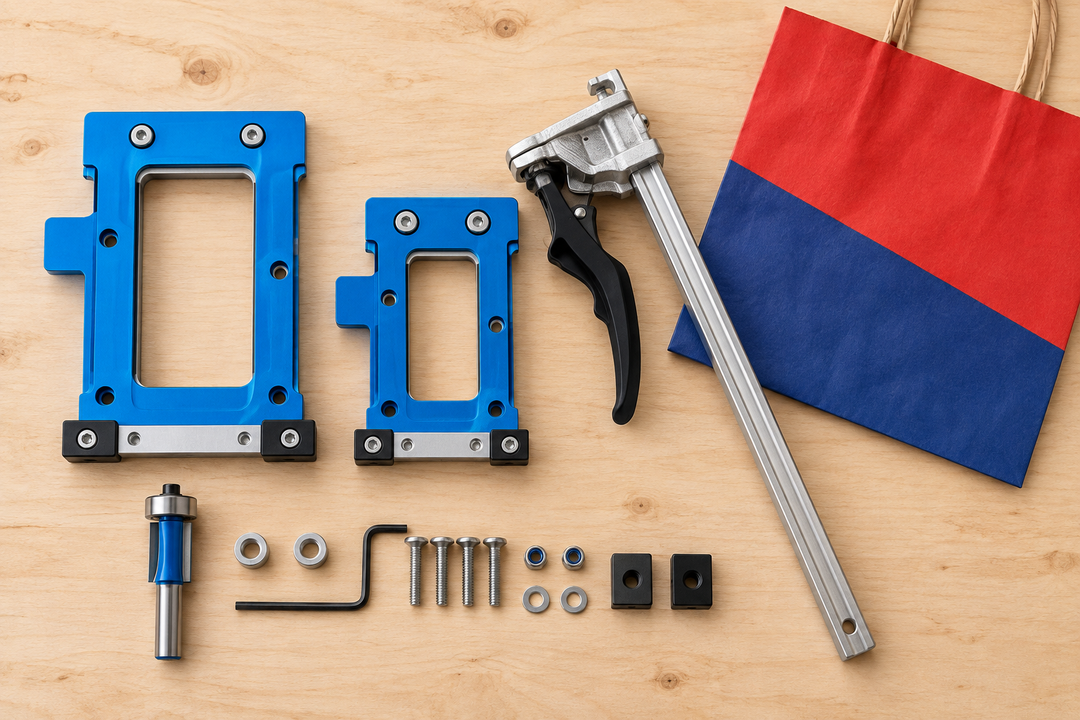 Fast Hinge jig kit and track clamp arranged beside a red-and-blue tool-retailer bag on a timber workbench.