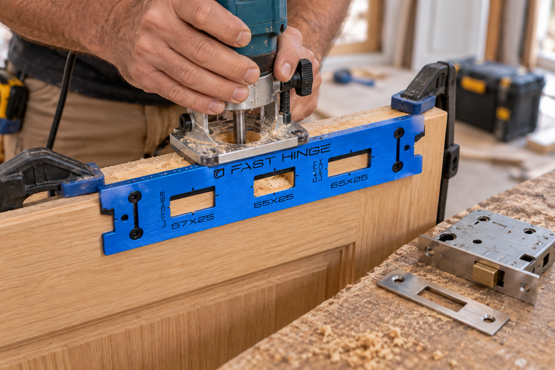 Carpenter routing a lock recess through a clamped Fast Hinge latch template, with the lock body and faceplate ready to test-fit.