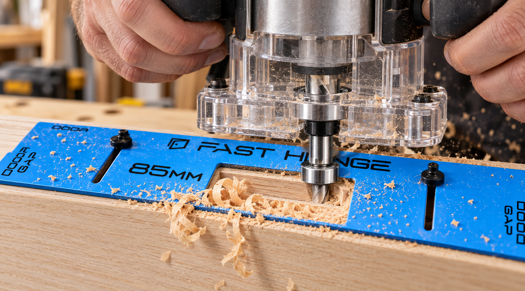 Fast Hinge carbide router bit cutting a clean, tear-out-free hinge recess through a blue template as fresh timber shavings curl away.
