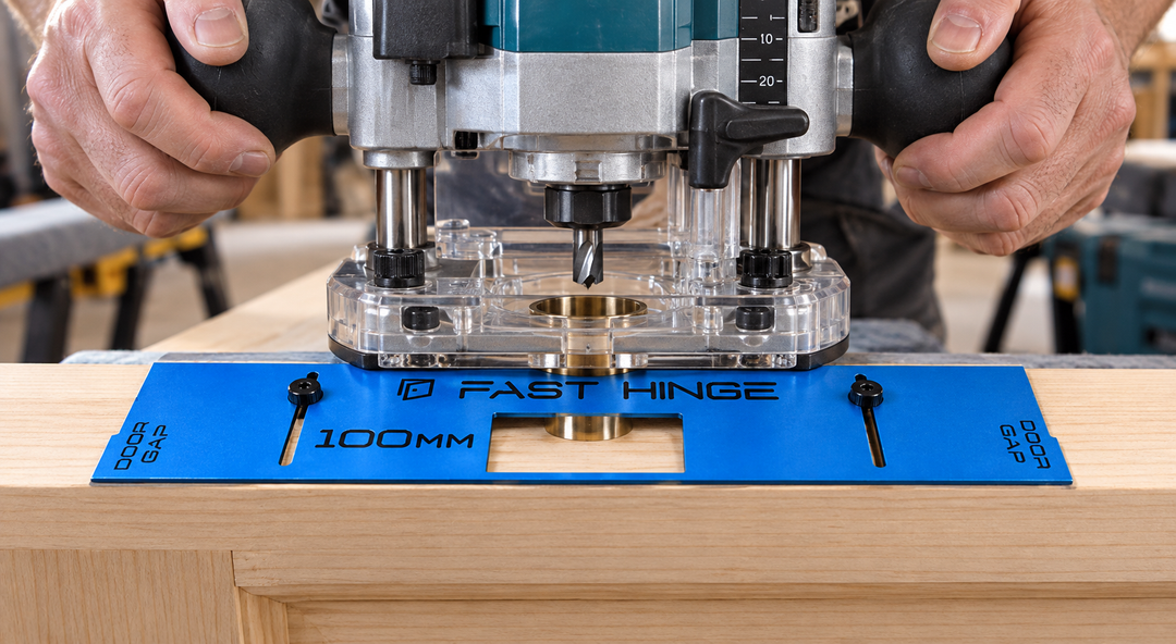 Plunge router fitted with a guide bushing and positioned over a Fast Hinge 100 mm template on a timber door edge.
