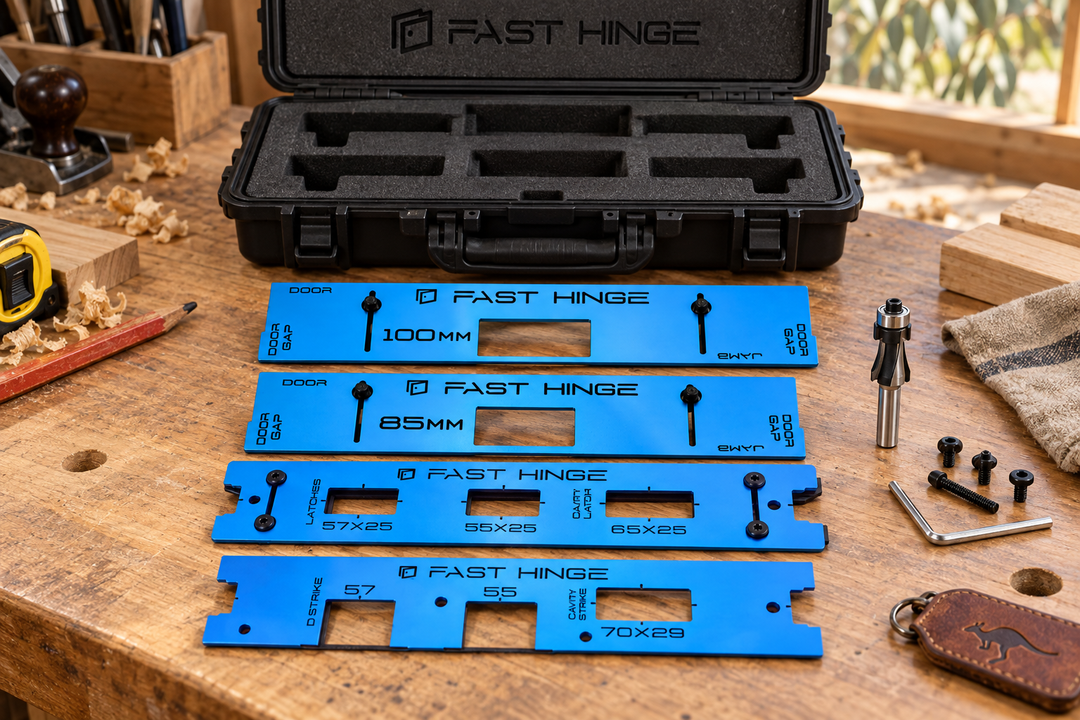Open Fast Hinge template kit with 85 mm and 100 mm hinge templates, latch and striker templates, router bit and fittings arranged on a timber workshop counter.
