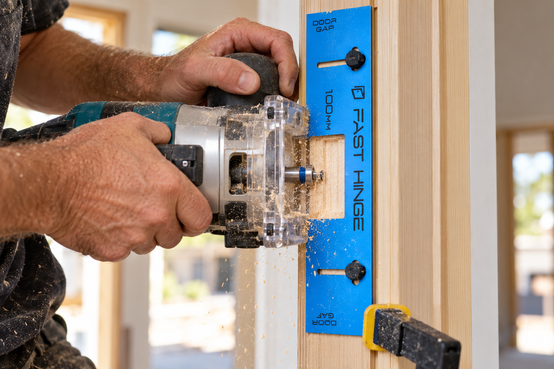 Carpenter guiding a router through a Fast Hinge template clamped to a timber jamb as the hinge recess is cut.
