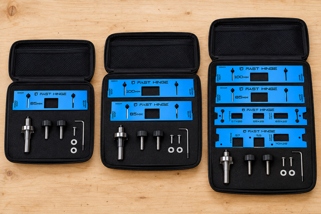 Three Fast Hinge jig kits arranged side by side, comparing their template sizes, accessories and included door-hardware features.