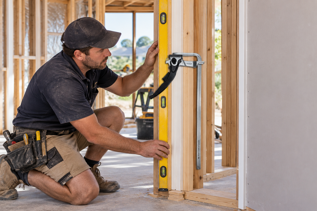 Australian tradie levelling a timber door frame with a spirit level, base shims and a Fast Hinge track clamp secured to the jamb.