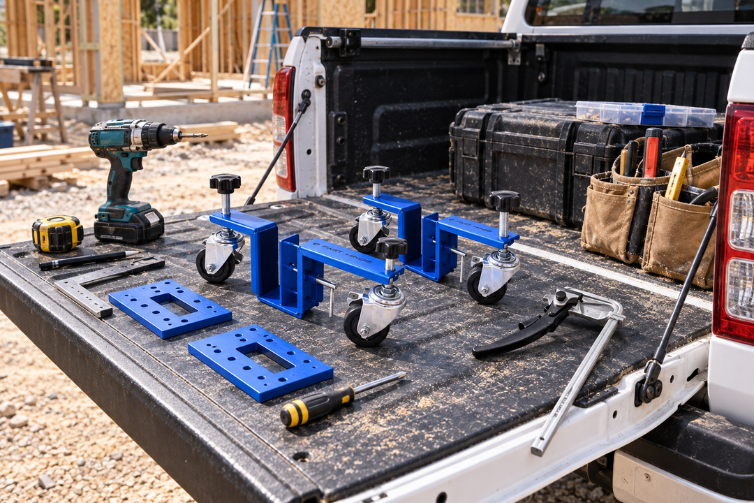 Fast Hinge door carts, templates, track clamp, router and cordless drill arranged on a ute tailgate at an Australian job site.