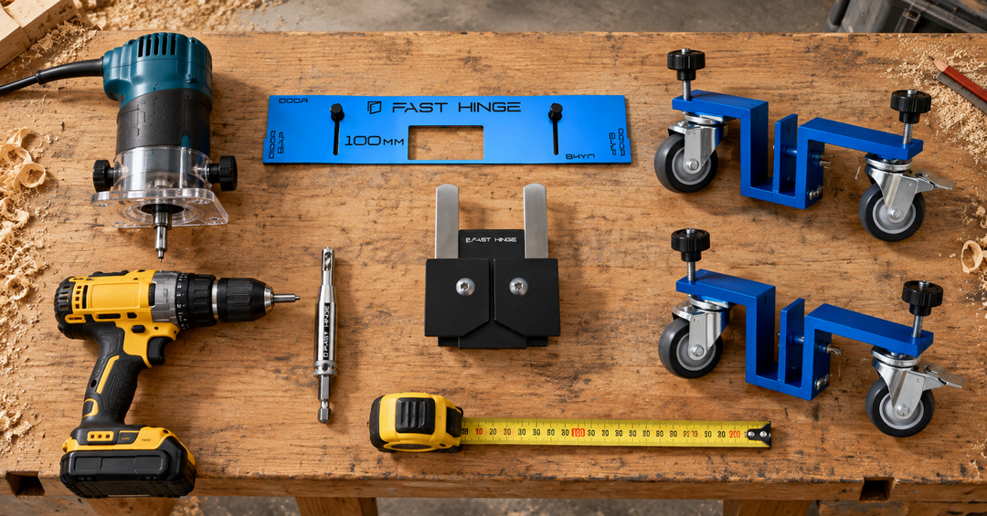 Overhead flat-lay of a full door-install kit