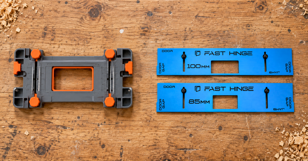 Generic plastic hardware-store hinge jig compared with Fast Hinge 85 mm and 100 mm aluminium templates on a timber workbench.
