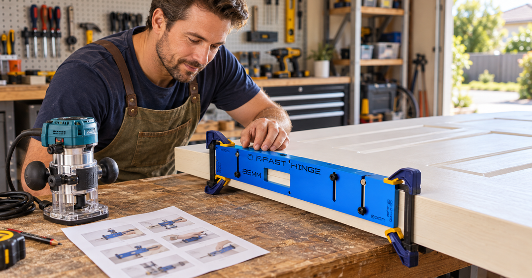 Weekend DIYer setting up a Fast Hinge 85 mm template on a door, with a compact router and illustrated instructions nearby.