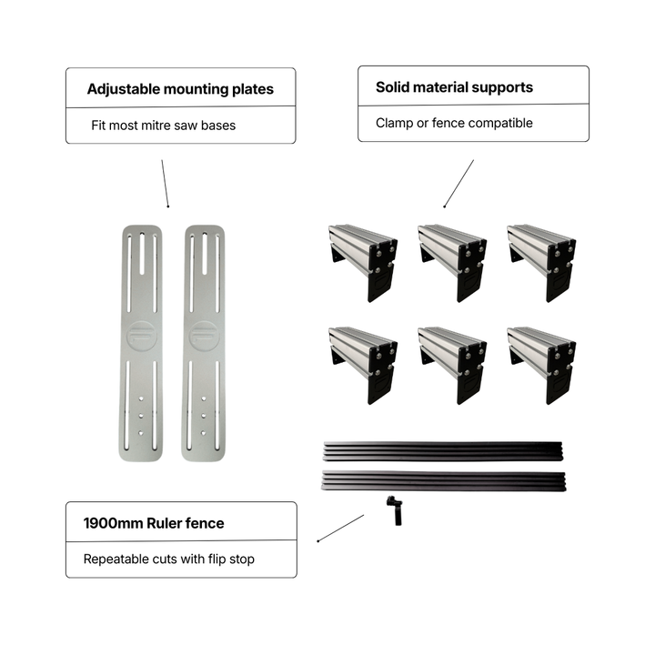 Aluminum mitre saw bench setup kit for portable cutting stations