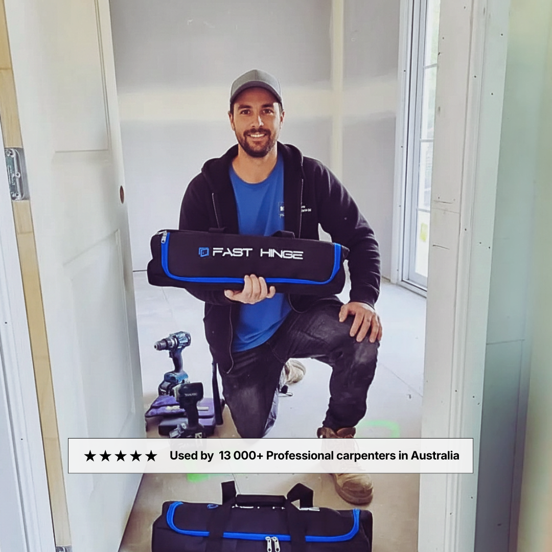 Professional carpenter holding Fast Hinge hinge and latch combo jig kit used by carpenters in Australia