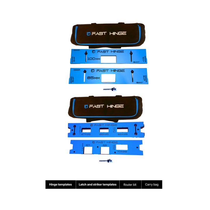 Components of the Fast Hinge hinge and latch combo kit including hinge templates, latch templates, router bits and carry bags