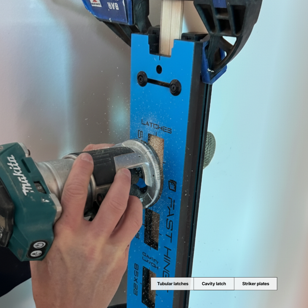 Fast Hinge latch and striker jig cutting tubular latch and striker plate recesses with a router