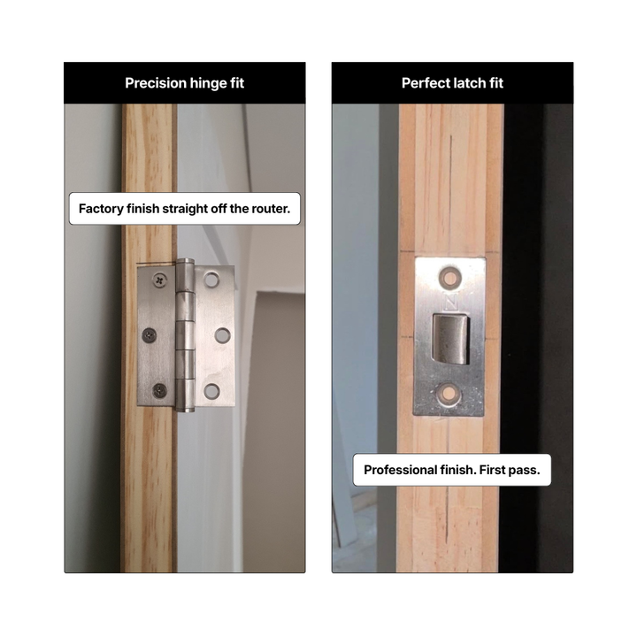 Clean hinge and latch installation on timber door using Fast Hinge router jig system