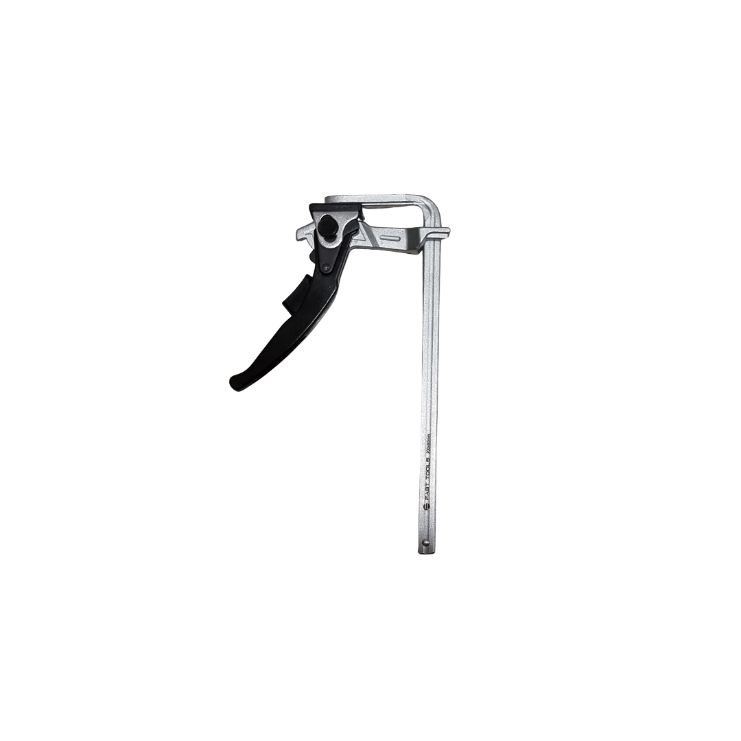 Track clamp for securing guide rails during woodworking cuts